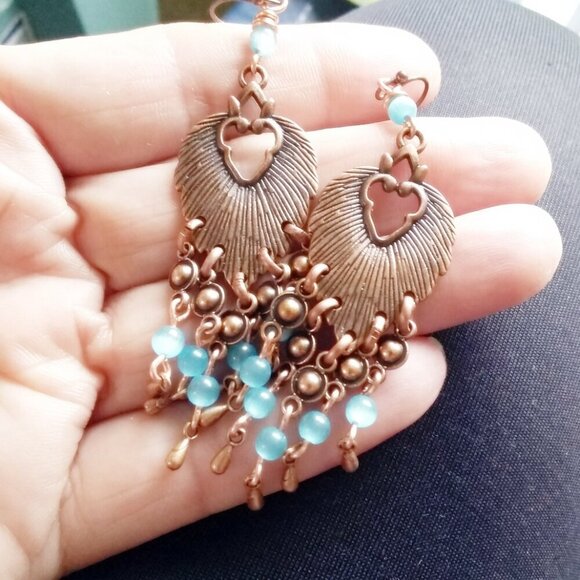 Handmade! Copper Leaf Shaped Chandeliers with Shimmering Aqua CatsEye Beads - Picture 5 of 8